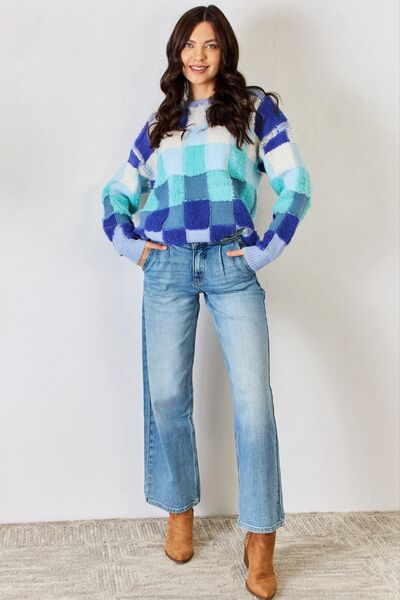 Blue Checkered Long Sleeve Sweater