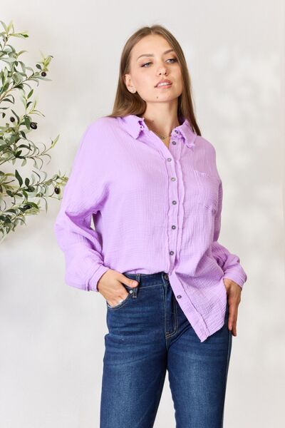 Zenana Texture Button Up Raw Hem Long Sleeve Shirt Lavender