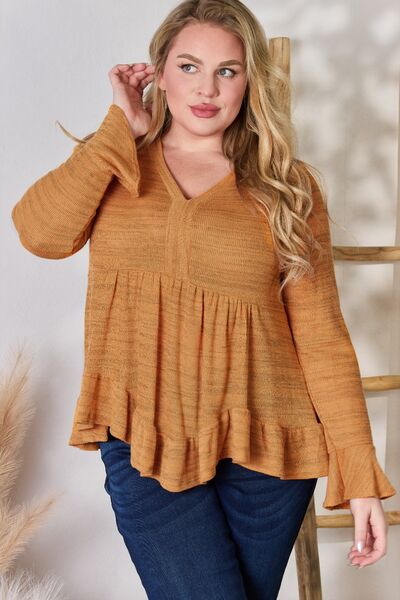 Hailey & Co V-Neck Flounce Sleeve Blouse Rust