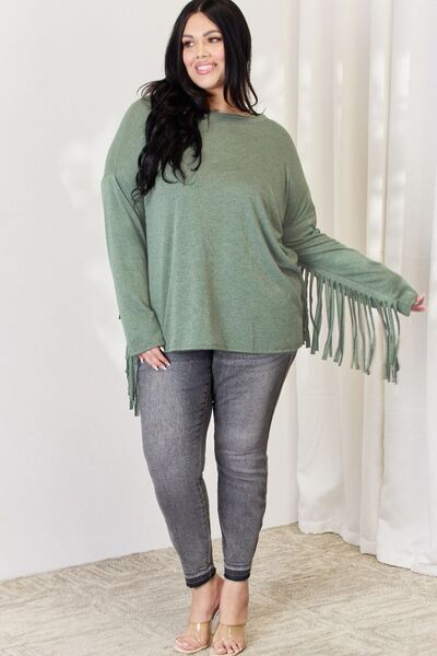 Olive Green Fringe Sleeve Top