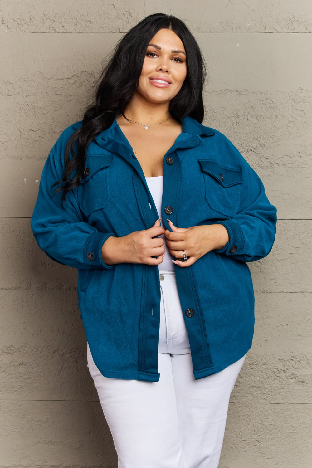 Zenana Cozy in the Cabin Fleece Elbow Patch Shacket in Teal