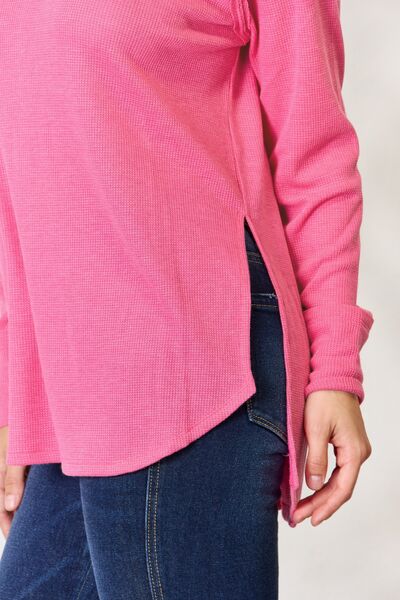 Zenana Round Neck Long Sleeve Slit Top Fuchsia