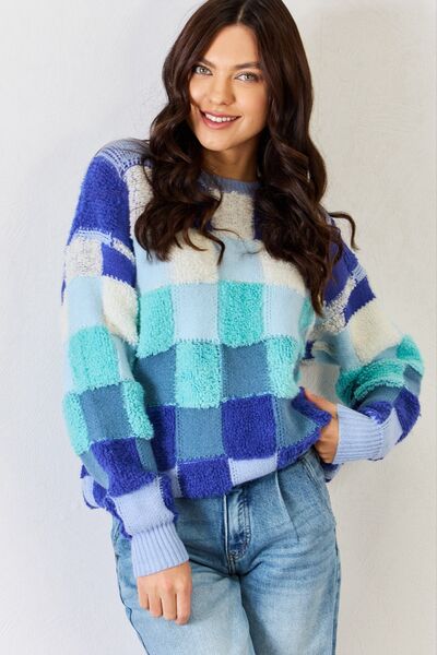 Blue Checkered Long Sleeve Sweater