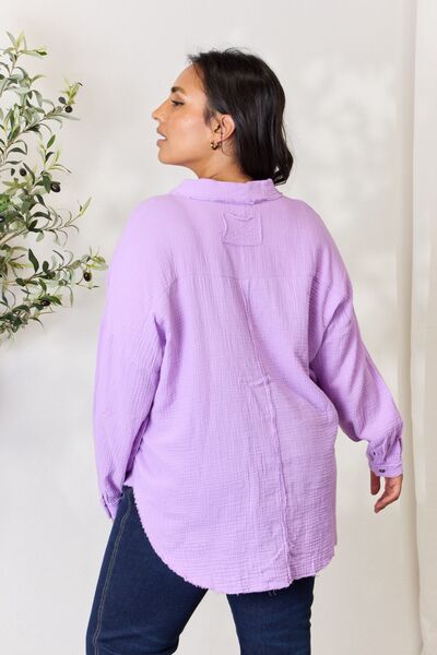 Zenana Texture Button Up Raw Hem Long Sleeve Shirt Lavender