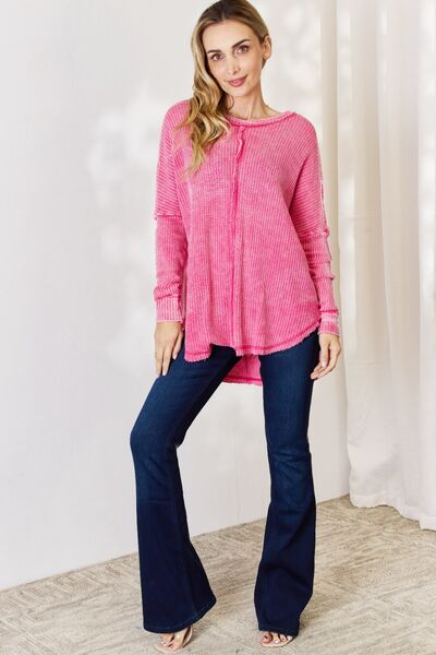 Zenana Oversized Washed Waffle Long Sleeve Top Fuchsia