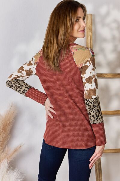 Hailey & Co Leopard Waffle-Knit Blouse Rust