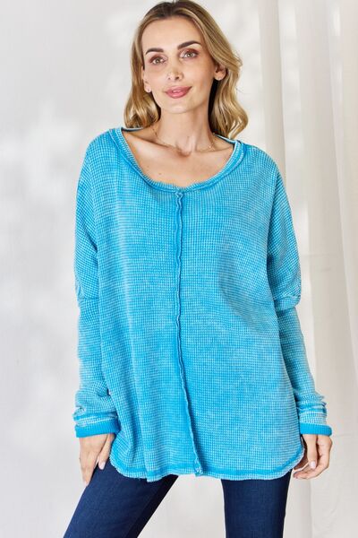 Zenana Oversized Waffle Long Sleeve Top Sky Blue