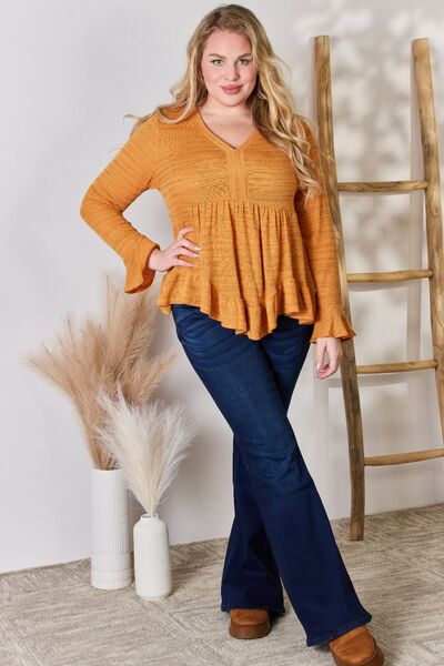 Hailey & Co V-Neck Flounce Sleeve Blouse Rust