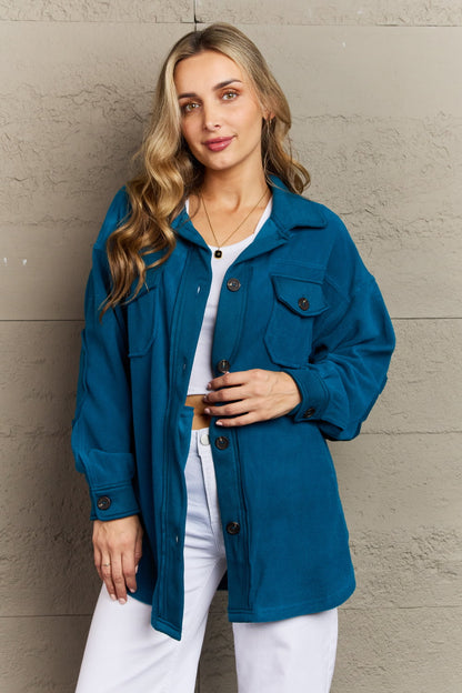 Zenana Cozy in the Cabin Fleece Elbow Patch Shacket in Teal