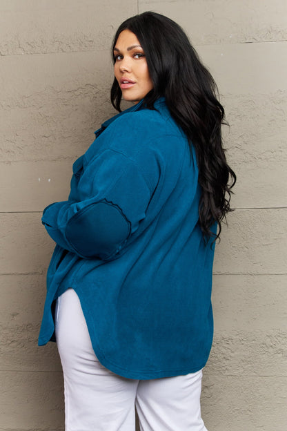 Zenana Cozy in the Cabin Fleece Elbow Patch Shacket in Teal