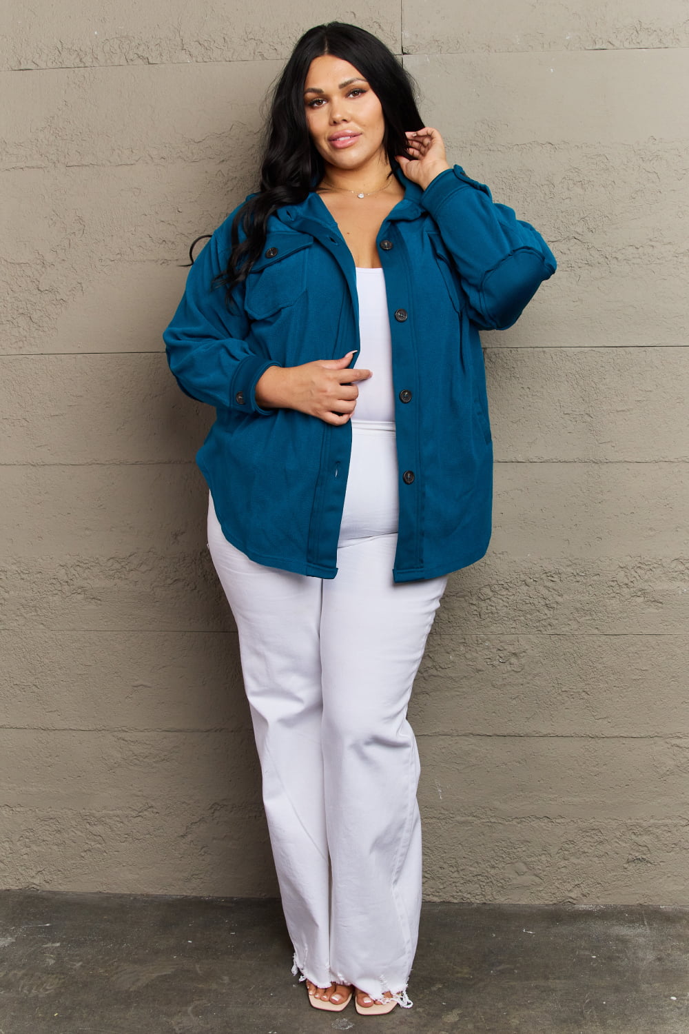 Zenana Cozy in the Cabin Fleece Elbow Patch Shacket in Teal