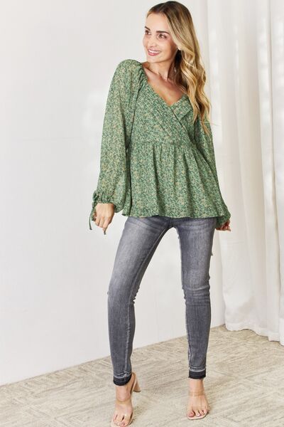 HEYSON Floral Surplice Peplum Blouse Green