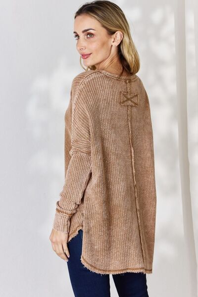 Zenana Oversized Washed Waffle Long Sleeve Top Camel