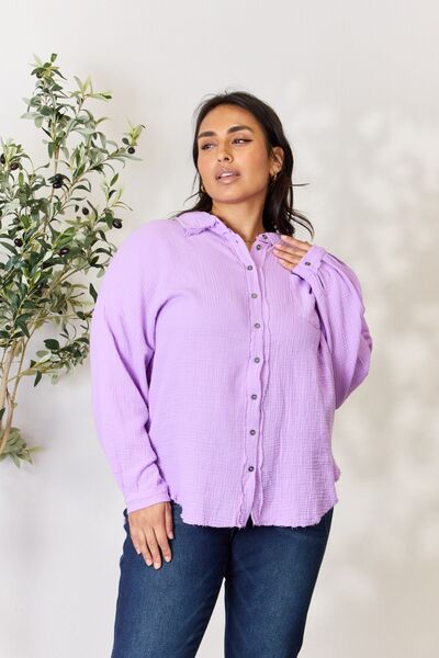 Zenana Texture Button Up Raw Hem Long Sleeve Shirt Lavender