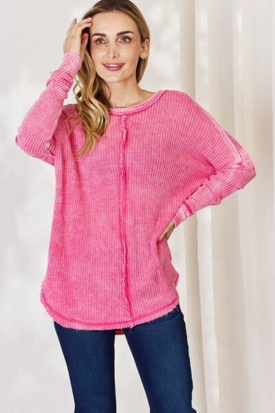 Zenana Oversized Washed Waffle Long Sleeve Top Fuchsia