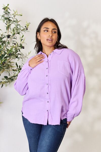 Zenana Texture Button Up Raw Hem Long Sleeve Shirt Lavender