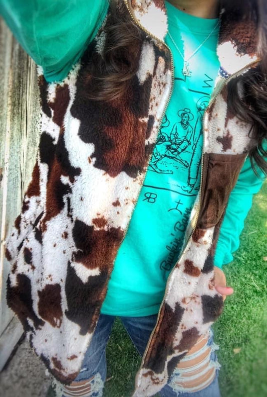 Cow Print Sherpa Vest